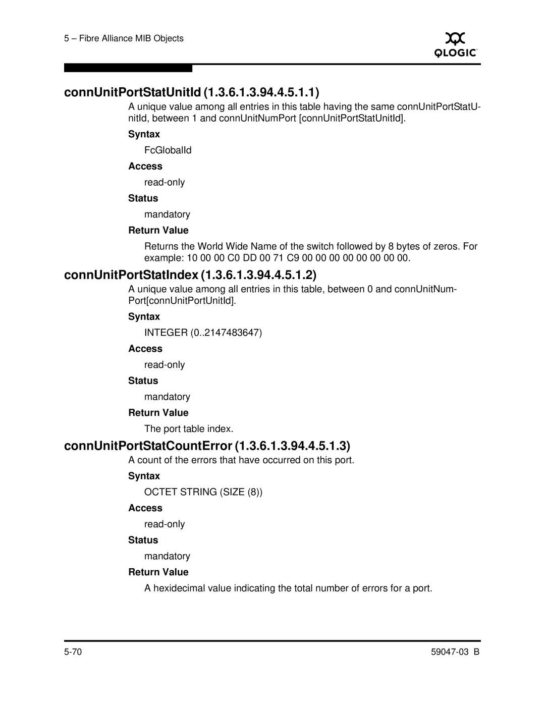 Q-Logic SANBOX2 manual ConnUnitPortStatUnitId, ConnUnitPortStatIndex, ConnUnitPortStatCountError 