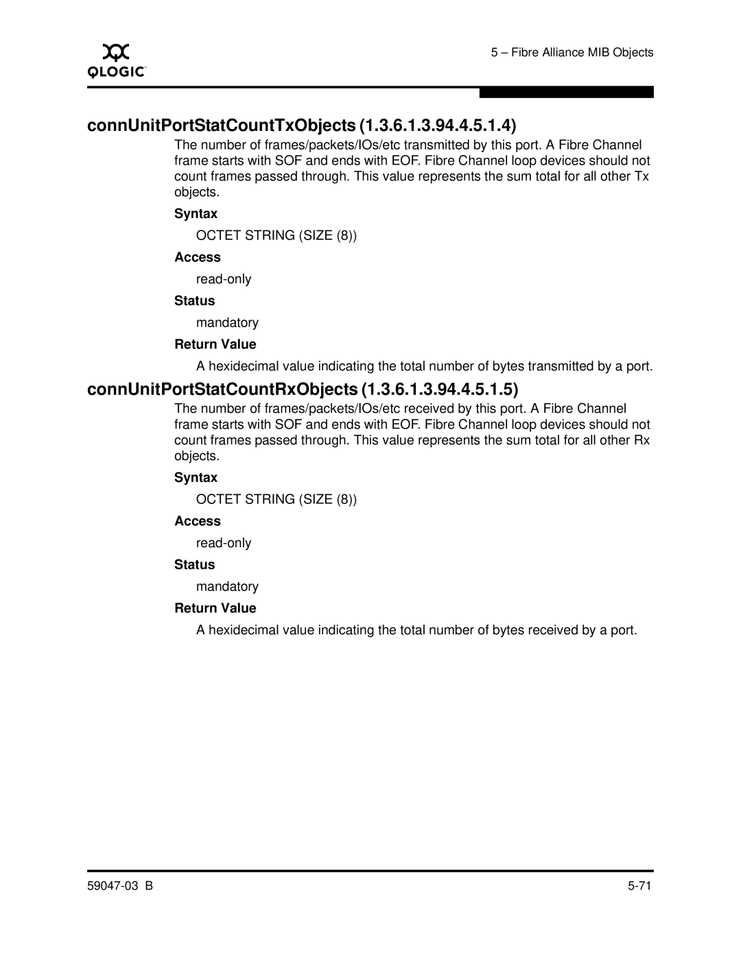 Q-Logic SANBOX2 manual ConnUnitPortStatCountTxObjects, ConnUnitPortStatCountRxObjects 