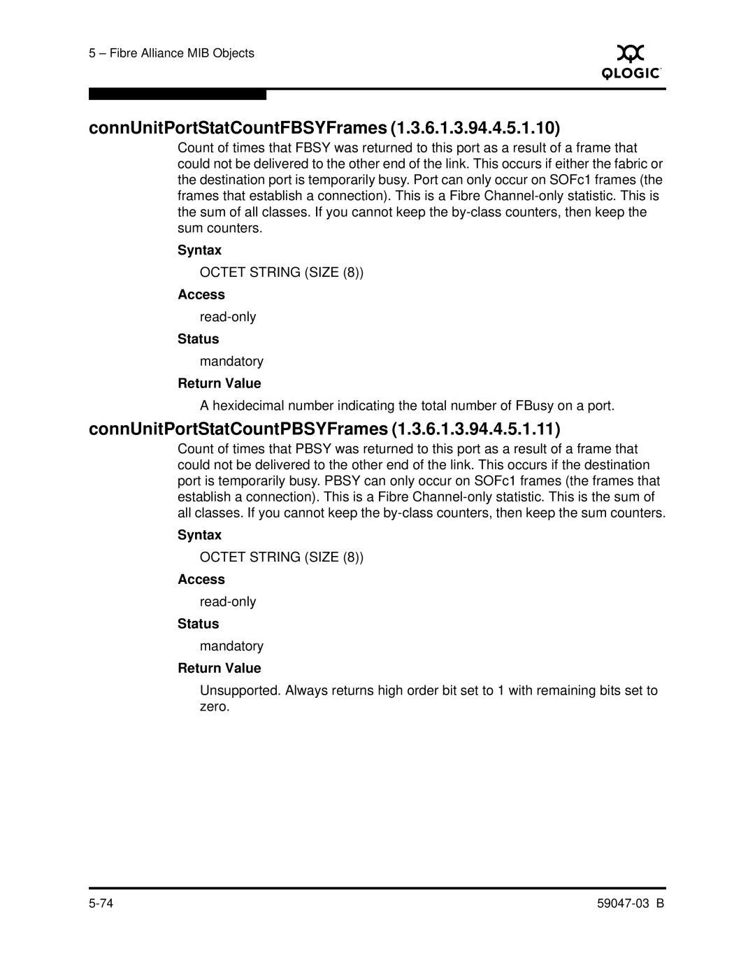 Q-Logic SANBOX2 manual ConnUnitPortStatCountFBSYFrames, ConnUnitPortStatCountPBSYFrames 