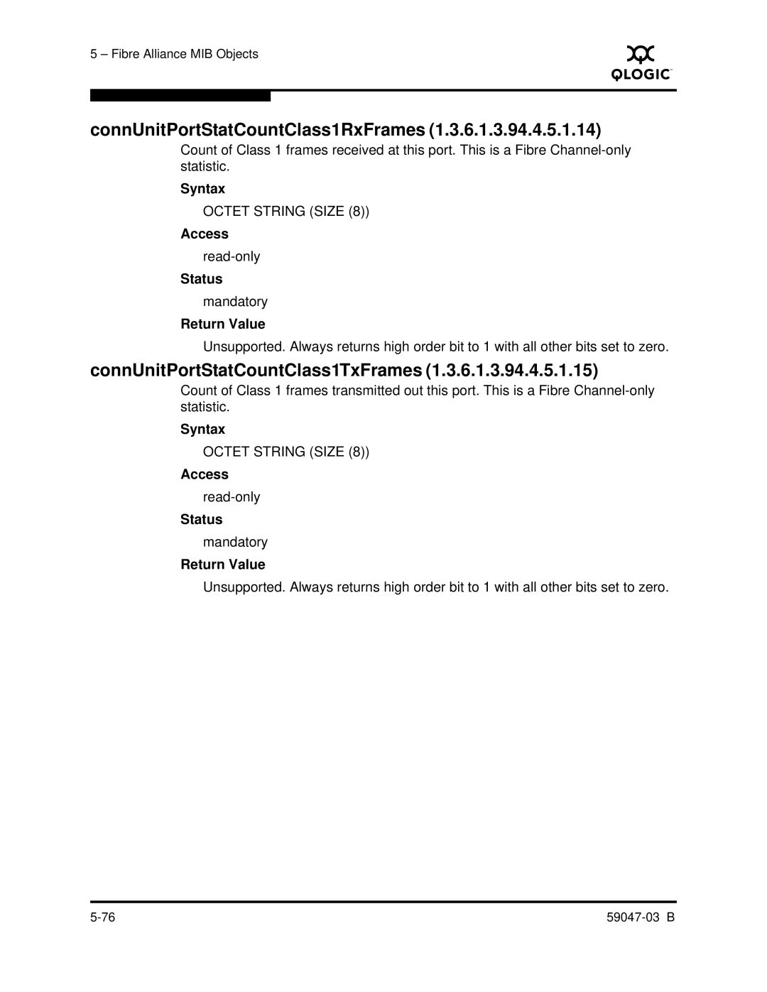 Q-Logic SANBOX2 manual ConnUnitPortStatCountClass1RxFrames, ConnUnitPortStatCountClass1TxFrames 