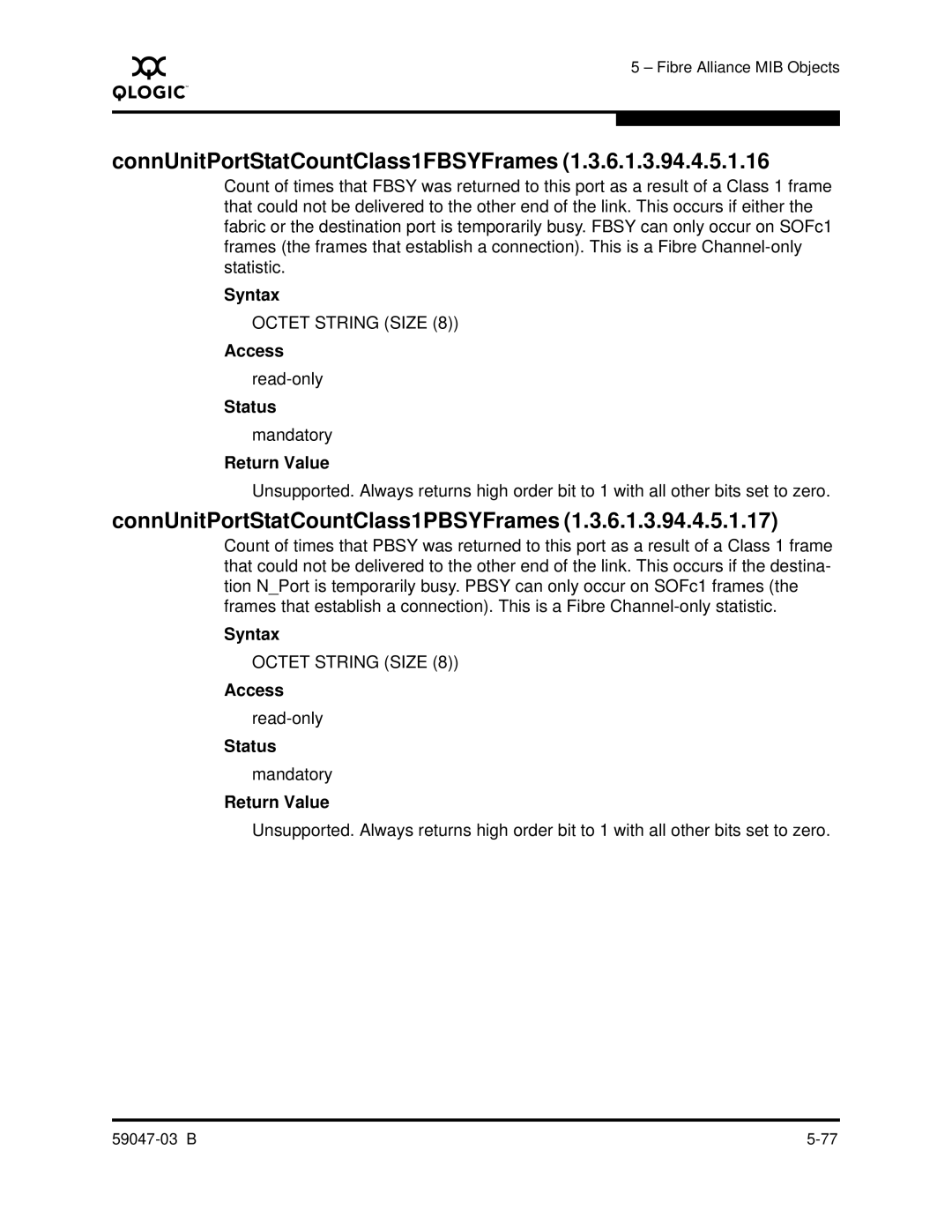 Q-Logic SANBOX2 manual ConnUnitPortStatCountClass1FBSYFrames, ConnUnitPortStatCountClass1PBSYFrames 