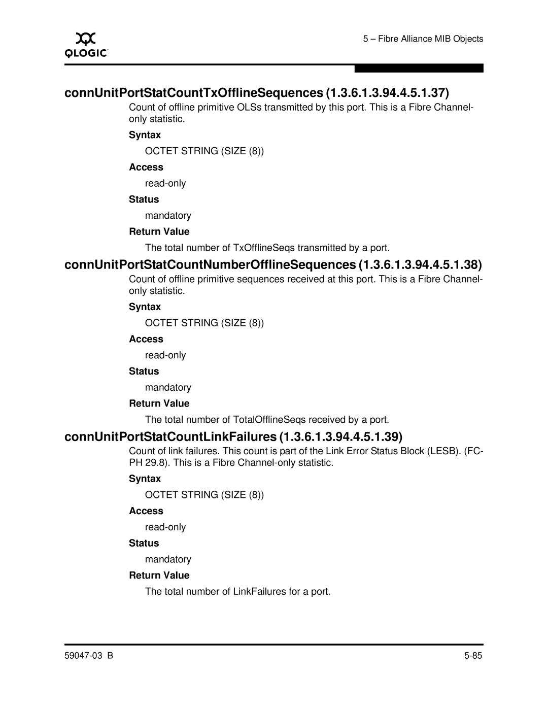 Q-Logic SANBOX2 manual ConnUnitPortStatCountTxOfflineSequences, ConnUnitPortStatCountNumberOfflineSequences 