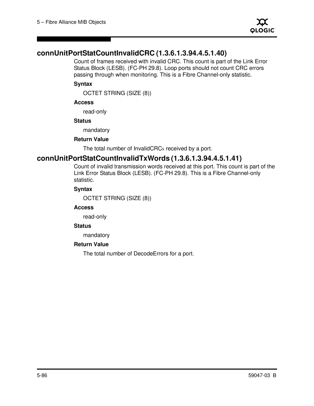 Q-Logic SANBOX2 manual ConnUnitPortStatCountInvalidCRC, ConnUnitPortStatCountInvalidTxWords 