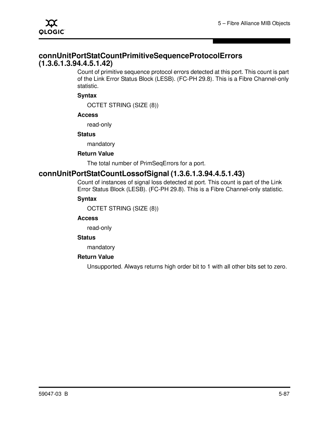 Q-Logic SANBOX2 manual ConnUnitPortStatCountLossofSignal, ConnUnitPortStatCountPrimitiveSequenceProtocolErrors 