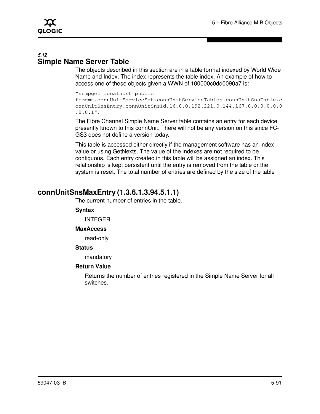 Q-Logic SANBOX2 manual Simple Name Server Table, ConnUnitSnsMaxEntry 
