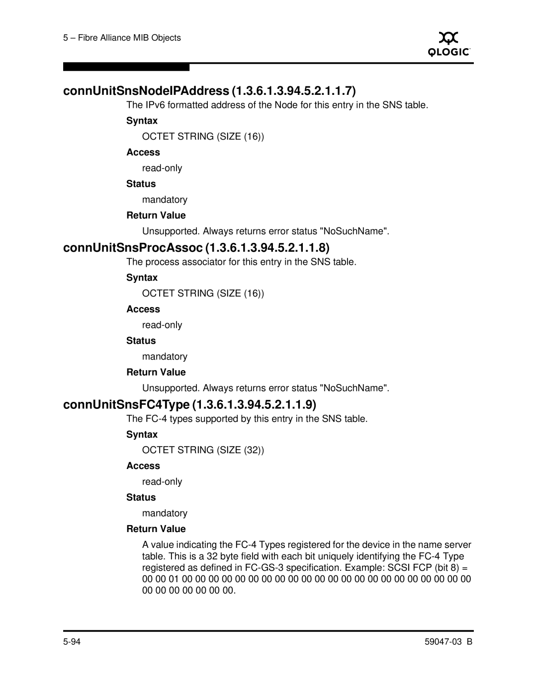 Q-Logic SANBOX2 manual ConnUnitSnsNodeIPAddress, ConnUnitSnsProcAssoc, ConnUnitSnsFC4Type 