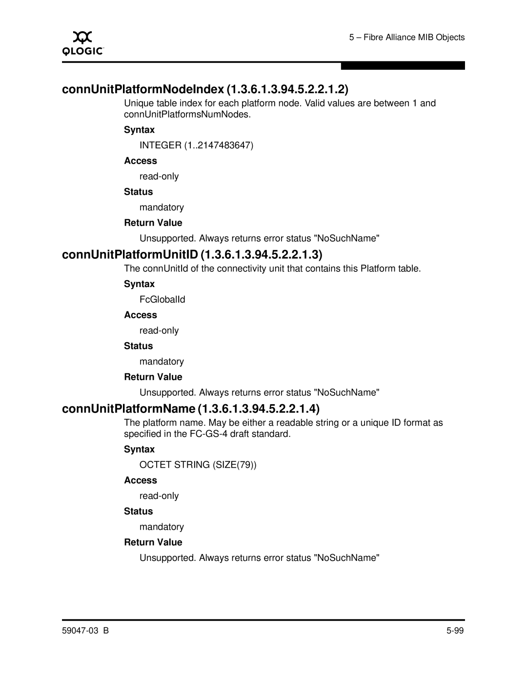 Q-Logic SANBOX2 manual ConnUnitPlatformNodeIndex, ConnUnitPlatformUnitID, ConnUnitPlatformName 