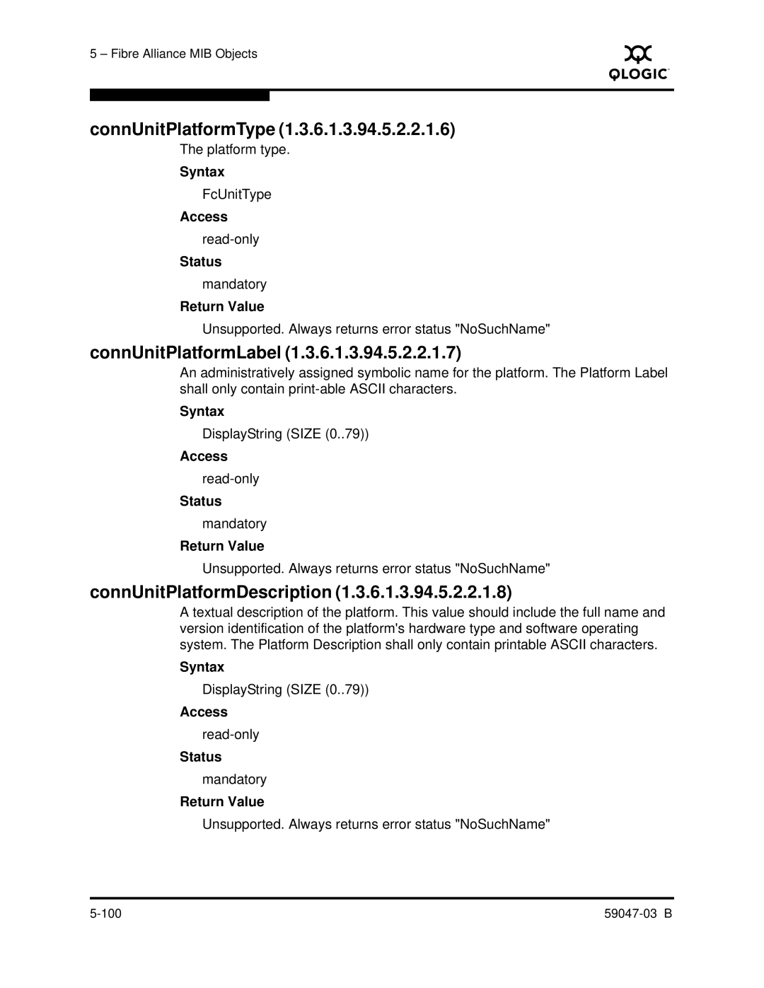 Q-Logic SANBOX2 manual ConnUnitPlatformType, ConnUnitPlatformLabel, ConnUnitPlatformDescription 