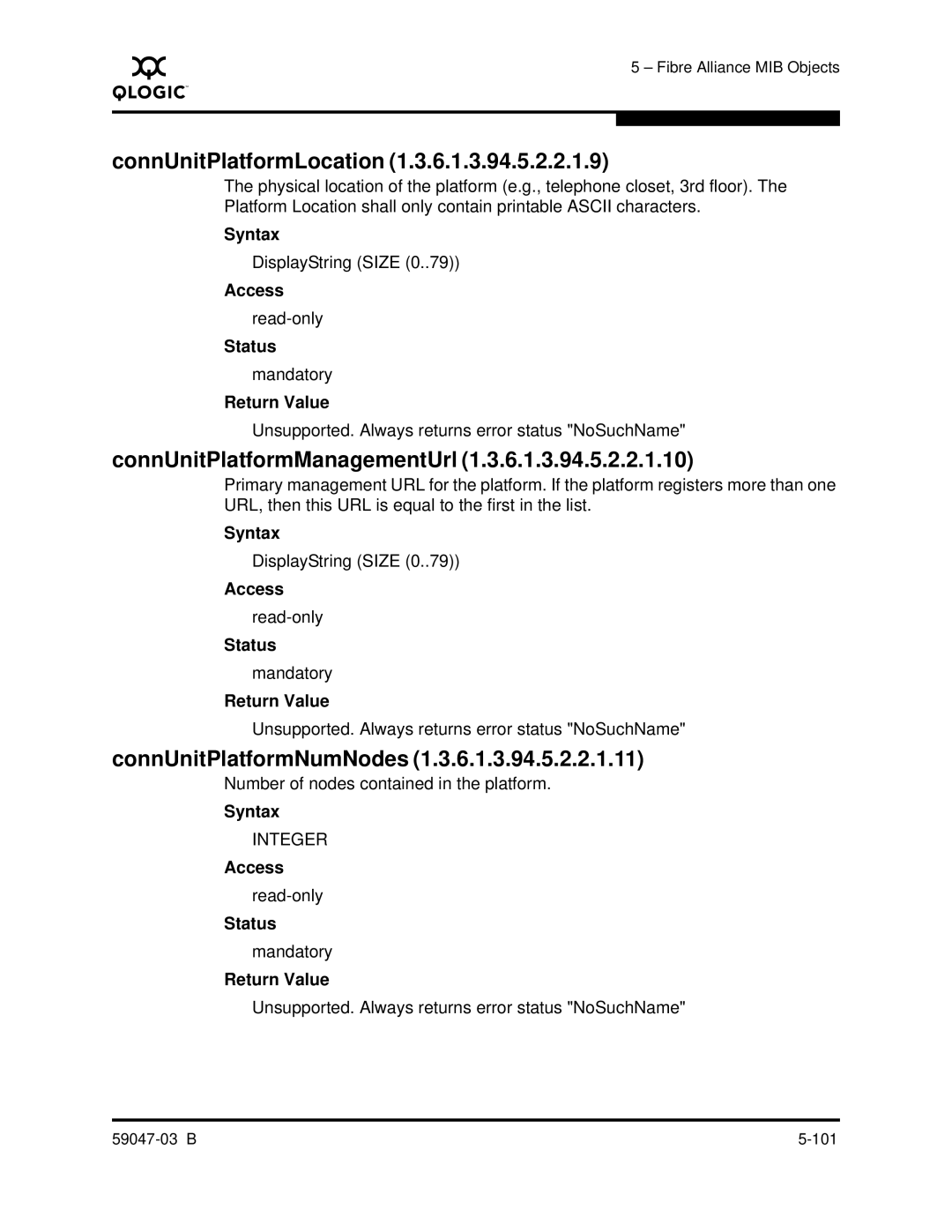 Q-Logic SANBOX2 manual ConnUnitPlatformLocation, ConnUnitPlatformManagementUrl, ConnUnitPlatformNumNodes 