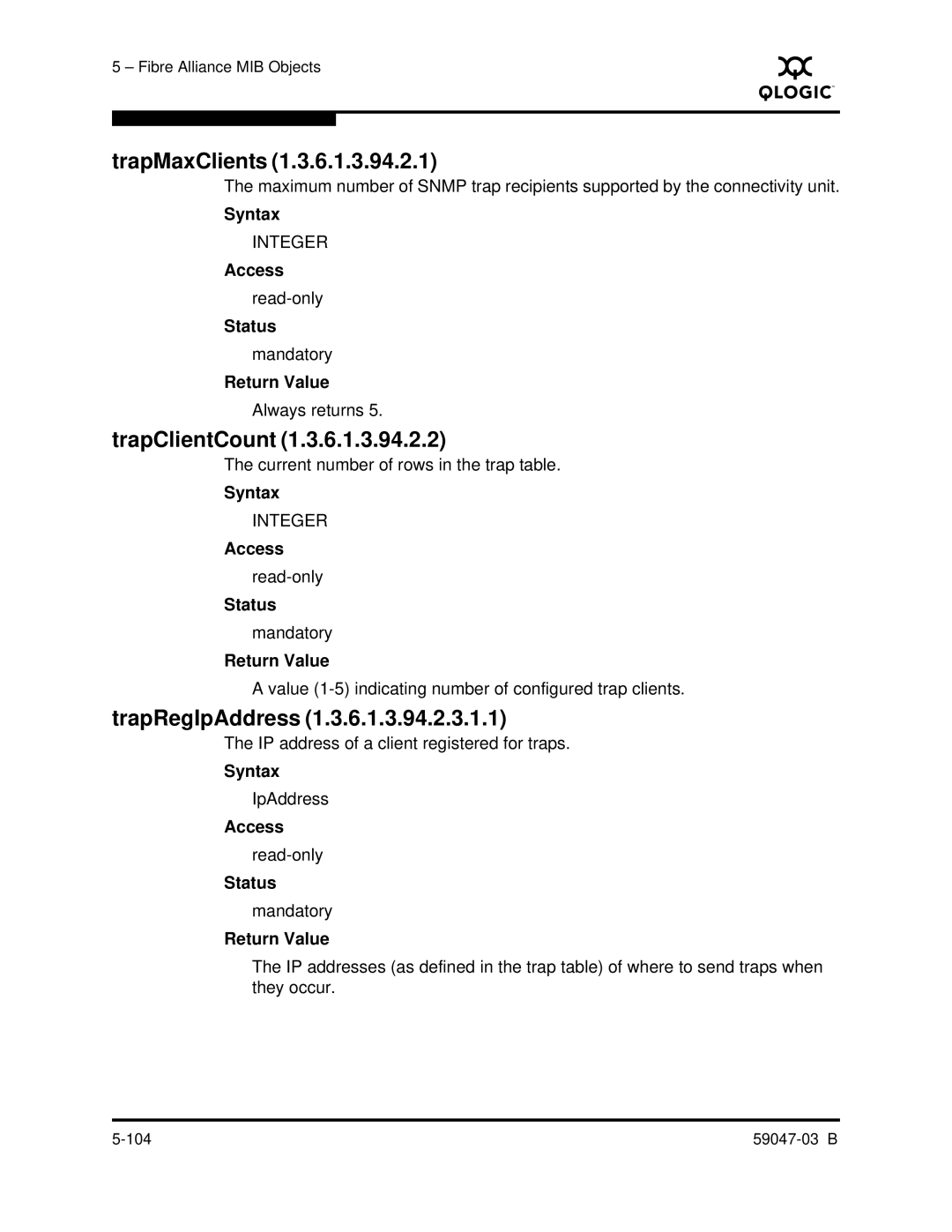 Q-Logic SANBOX2 manual TrapMaxClients, TrapClientCount, TrapRegIpAddress 