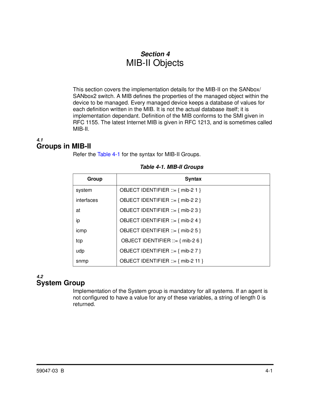 Q-Logic SANBOX2 manual Groups in MIB-II, System Group, MIB-II Groups 