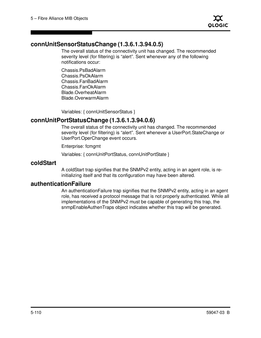 Q-Logic SANBOX2 manual ConnUnitSensorStatusChange, ConnUnitPortStatusChange, ColdStart, AuthenticationFailure 