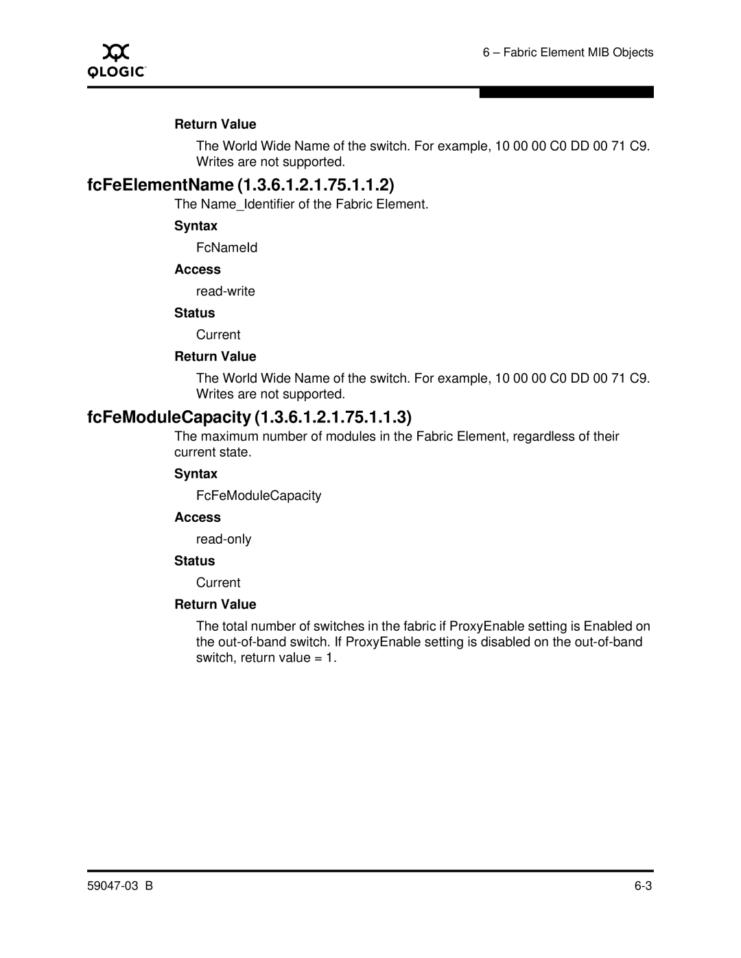 Q-Logic SANBOX2 manual FcFeElementName, FcFeModuleCapacity 