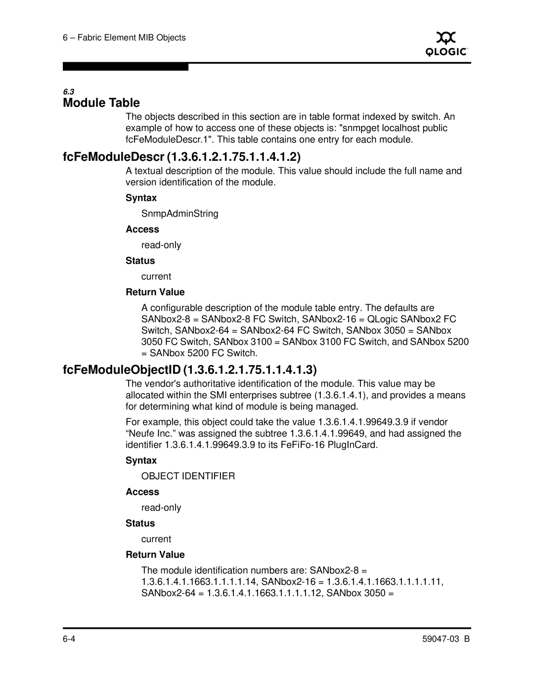 Q-Logic SANBOX2 manual Module Table, FcFeModuleDescr, FcFeModuleObjectID 