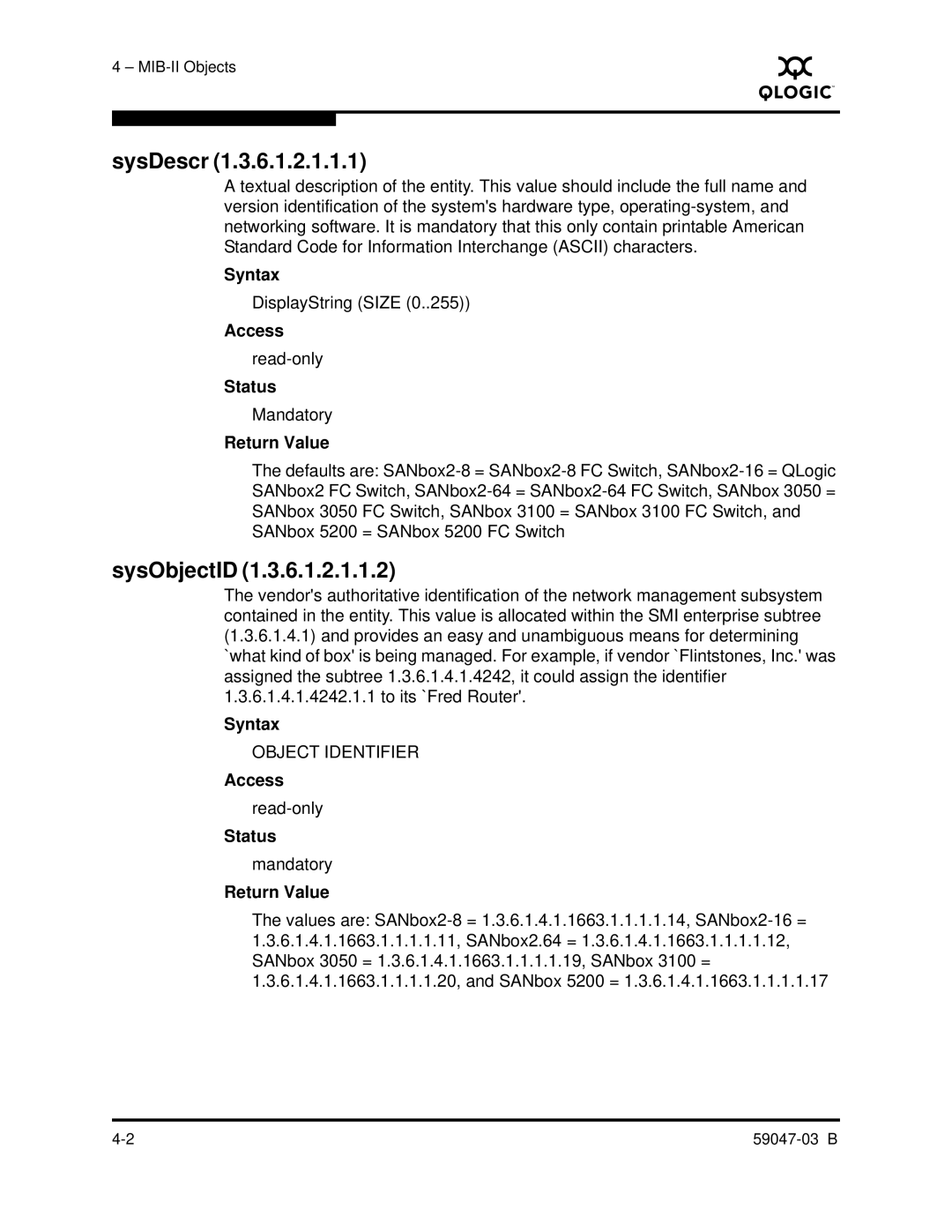 Q-Logic SANBOX2 manual SysDescr, SysObjectID 