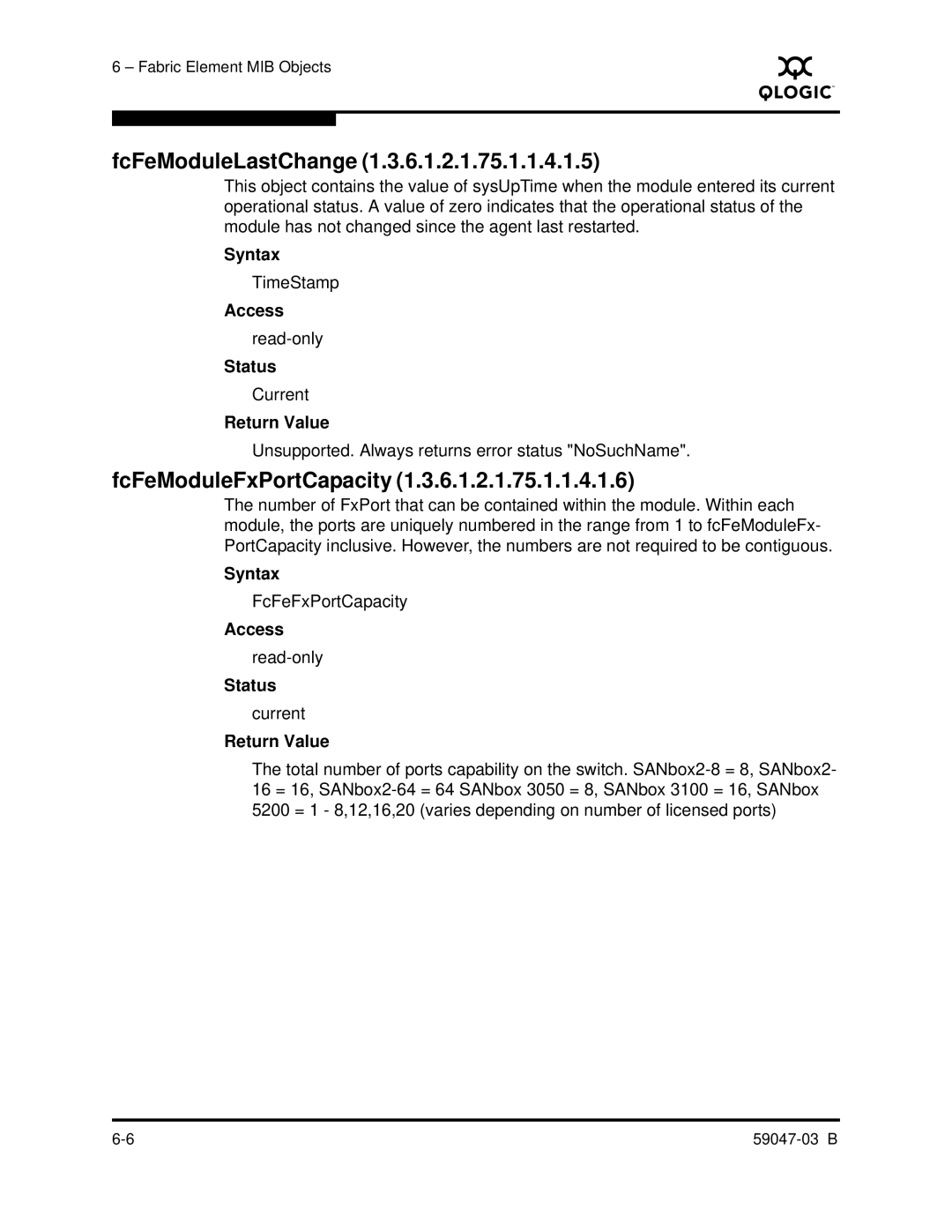 Q-Logic SANBOX2 manual FcFeModuleLastChange, FcFeModuleFxPortCapacity 