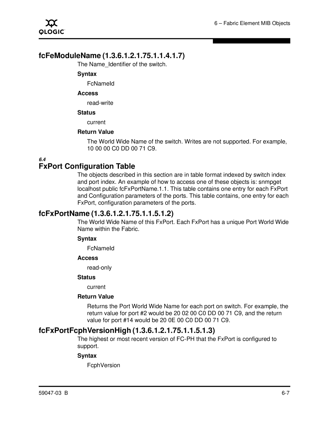 Q-Logic SANBOX2 manual FcFeModuleName, FxPort Configuration Table, FcFxPortName, FcFxPortFcphVersionHigh 