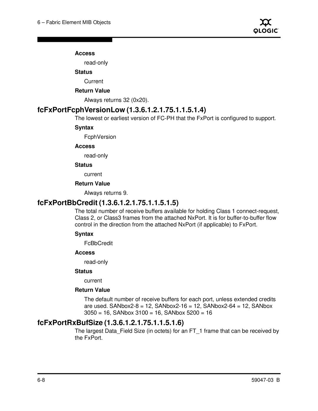 Q-Logic SANBOX2 manual FcFxPortFcphVersionLow, FcFxPortBbCredit, FcFxPortRxBufSize 