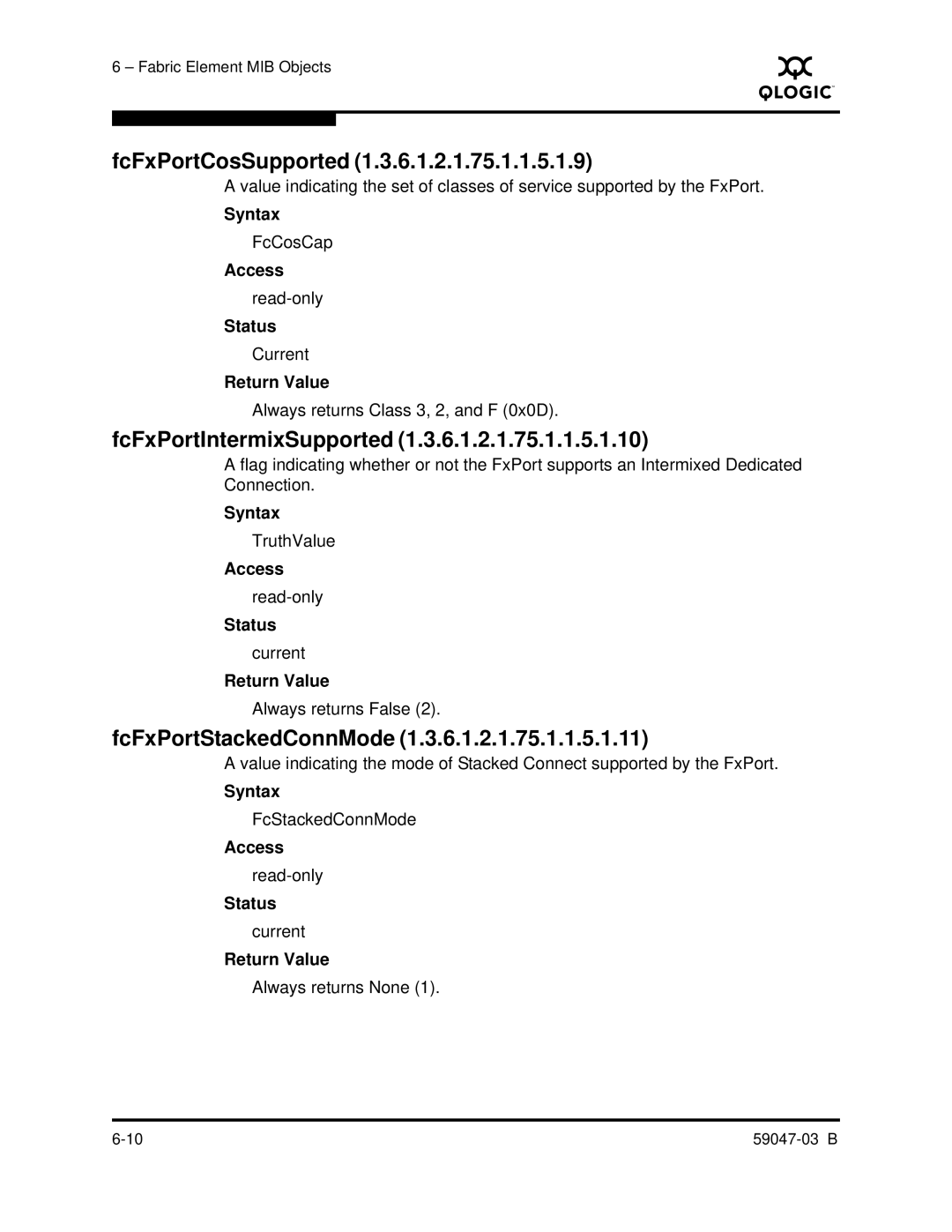 Q-Logic SANBOX2 manual FcFxPortCosSupported, FcFxPortIntermixSupported, FcFxPortStackedConnMode 