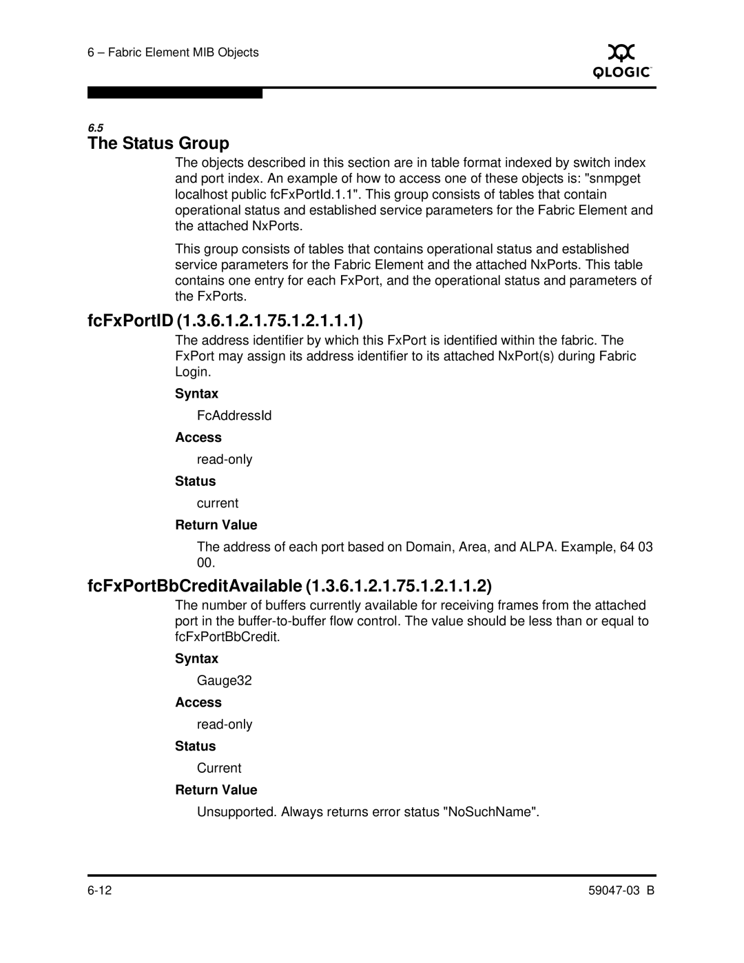 Q-Logic SANBOX2 manual Status Group, FcFxPortID, FcFxPortBbCreditAvailable 