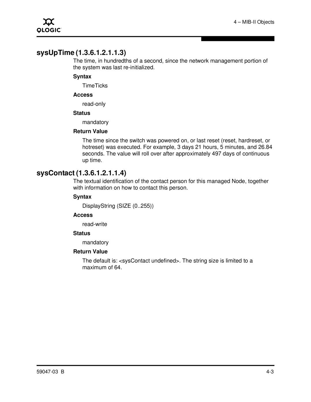 Q-Logic SANBOX2 manual SysUpTime, SysContact 