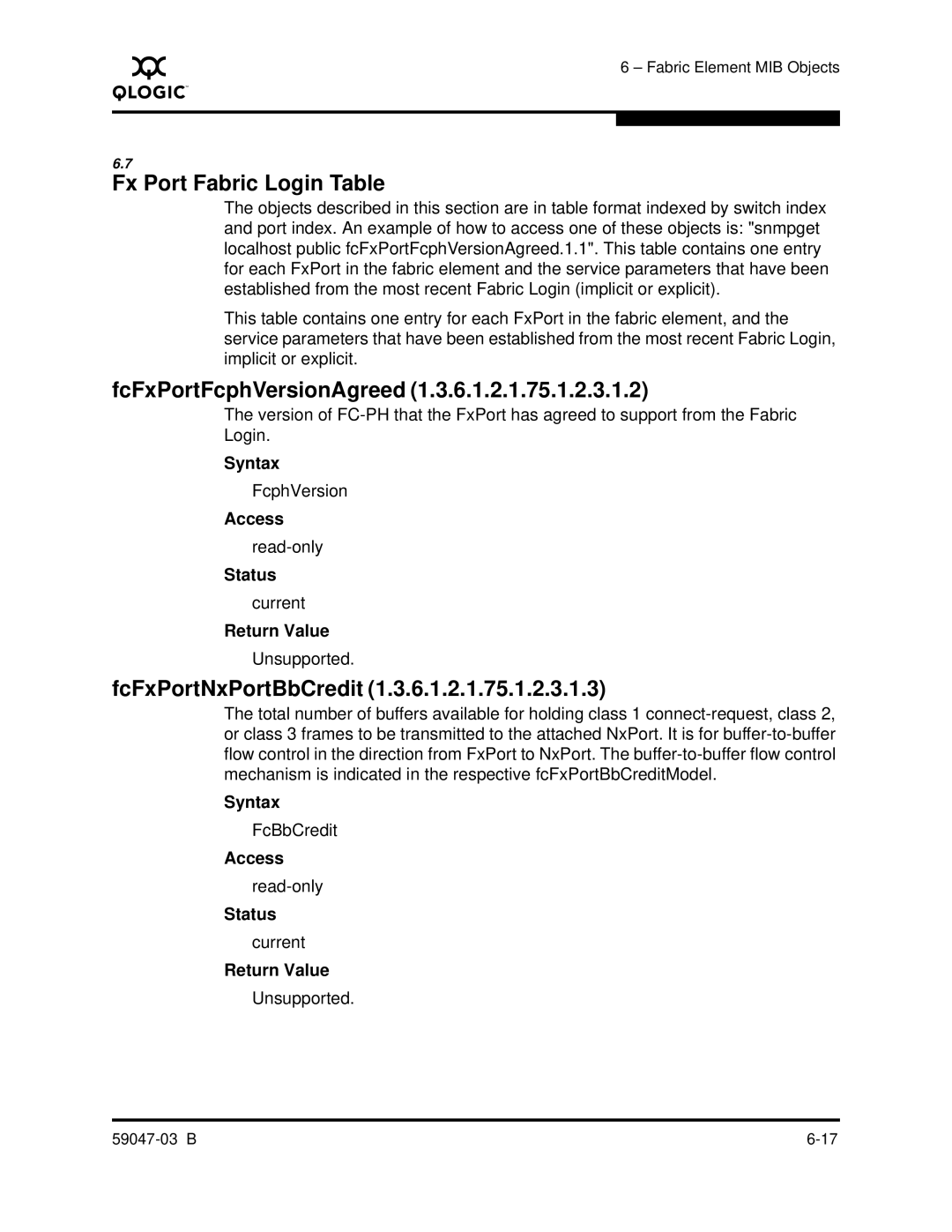 Q-Logic SANBOX2 manual Fx Port Fabric Login Table, FcFxPortFcphVersionAgreed, FcFxPortNxPortBbCredit 