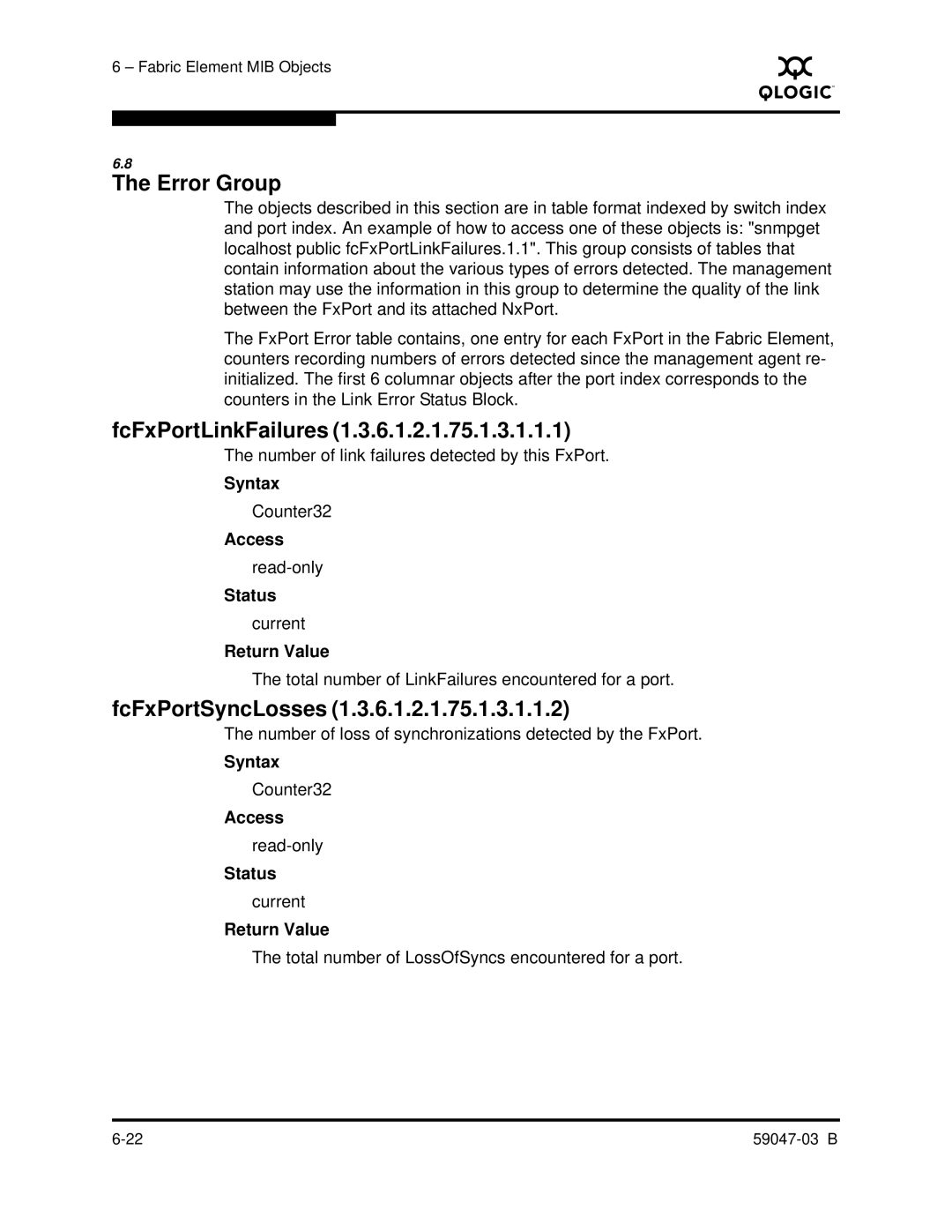 Q-Logic SANBOX2 manual Error Group, FcFxPortLinkFailures, FcFxPortSyncLosses 