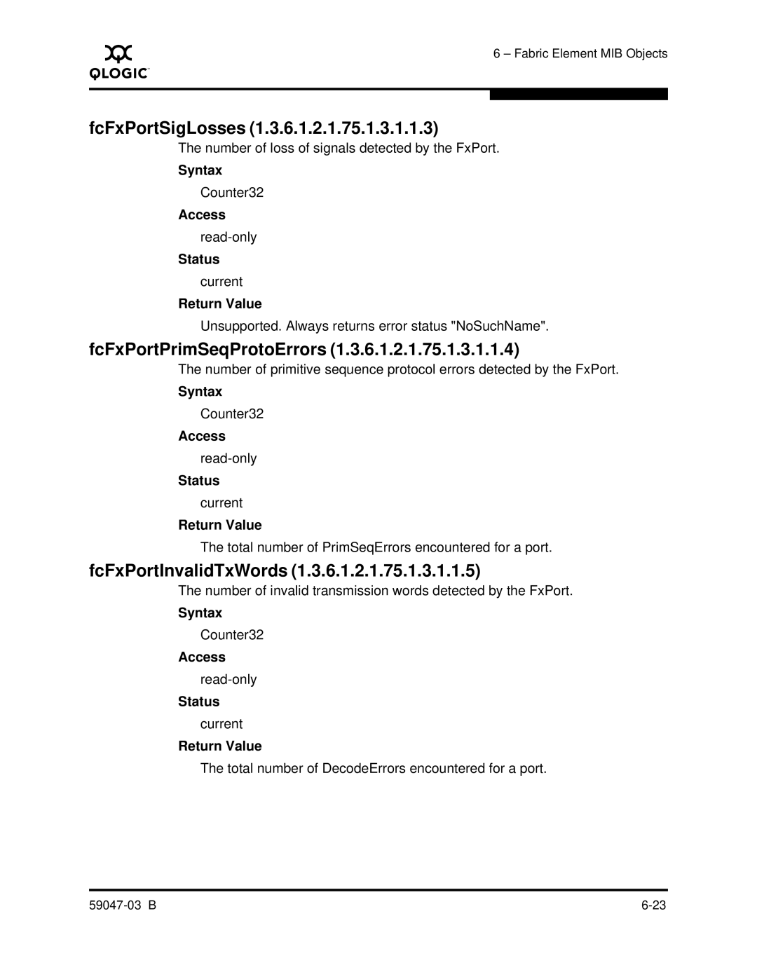 Q-Logic SANBOX2 manual FcFxPortSigLosses, FcFxPortPrimSeqProtoErrors, FcFxPortInvalidTxWords 