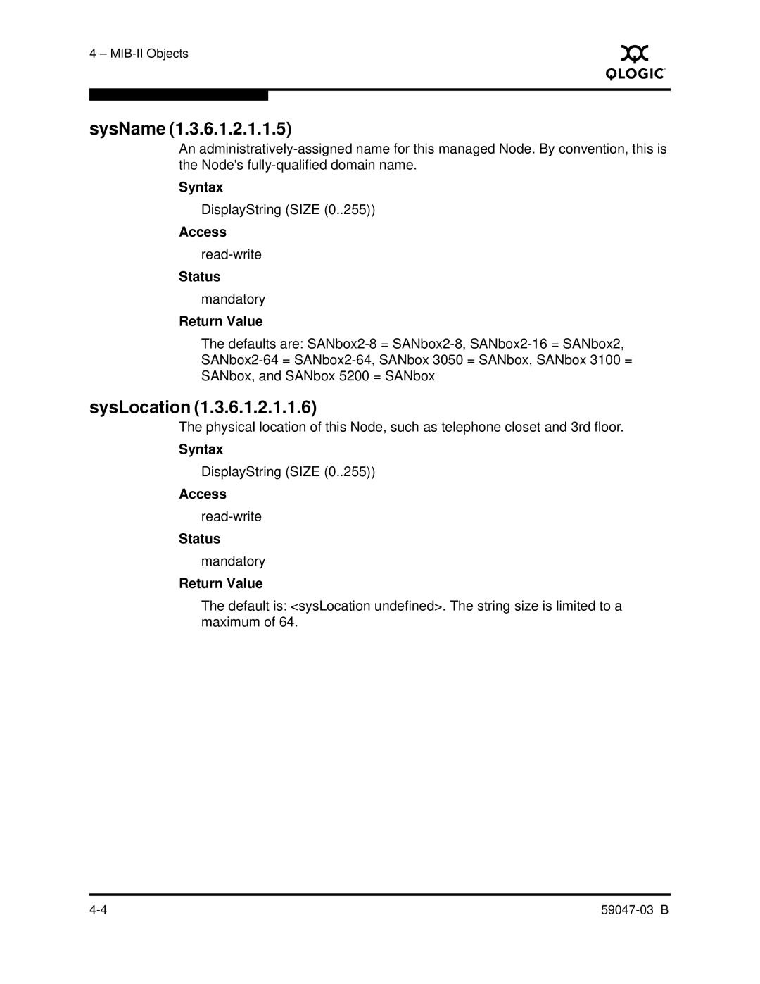 Q-Logic SANBOX2 manual SysName, SysLocation 