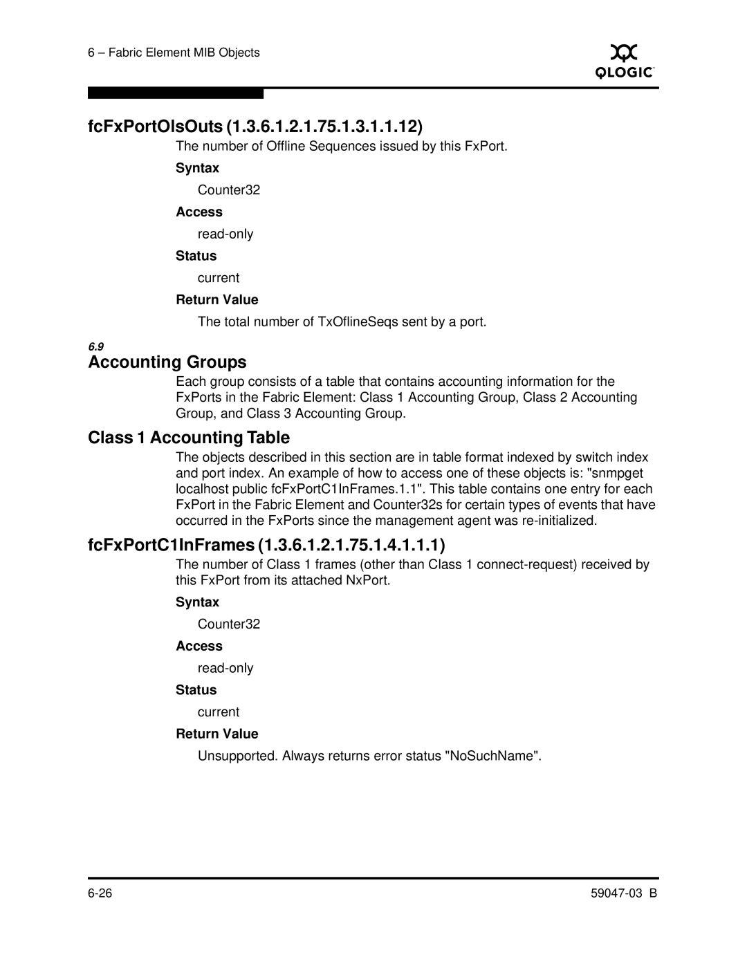 Q-Logic SANBOX2 manual FcFxPortOlsOuts, Accounting Groups, Class 1 Accounting Table, FcFxPortC1InFrames 