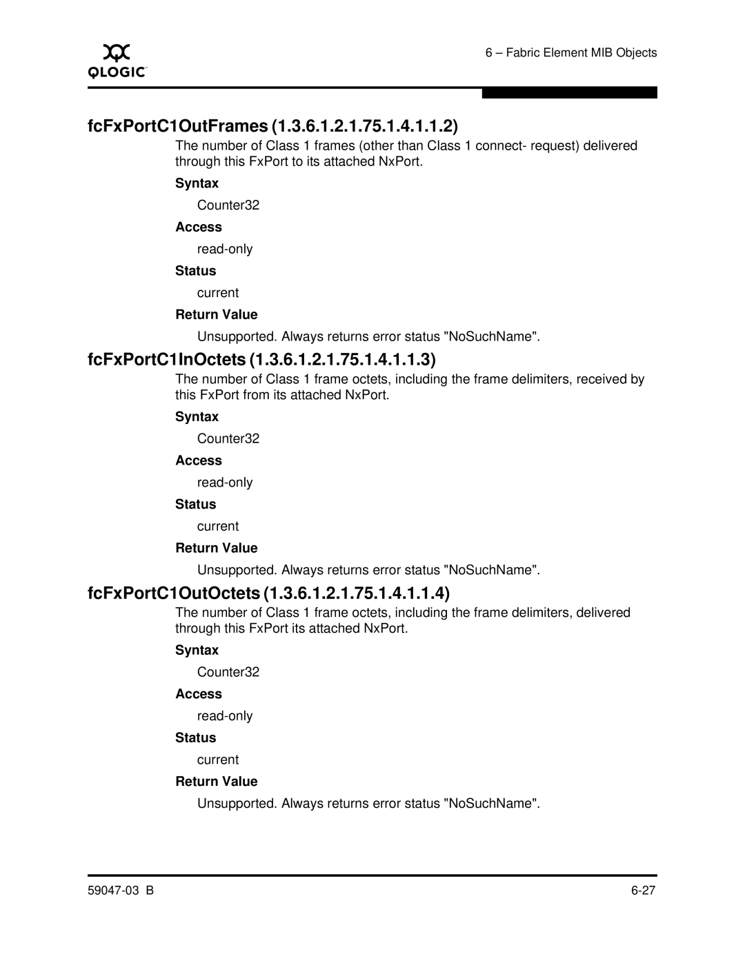 Q-Logic SANBOX2 manual FcFxPortC1OutFrames, FcFxPortC1InOctets, FcFxPortC1OutOctets 