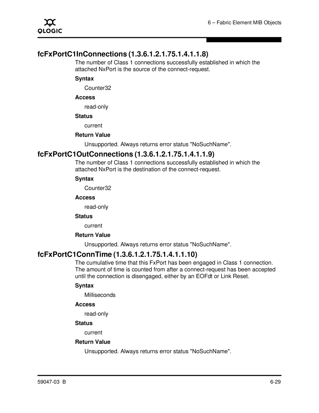 Q-Logic SANBOX2 manual FcFxPortC1InConnections, FcFxPortC1OutConnections, FcFxPortC1ConnTime 