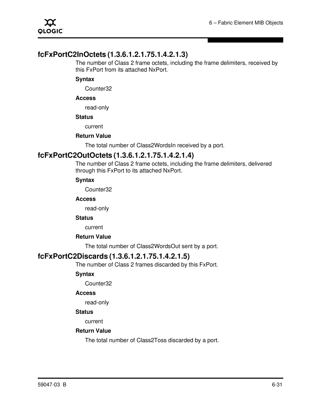 Q-Logic SANBOX2 manual FcFxPortC2InOctets, FcFxPortC2OutOctets, FcFxPortC2Discards 