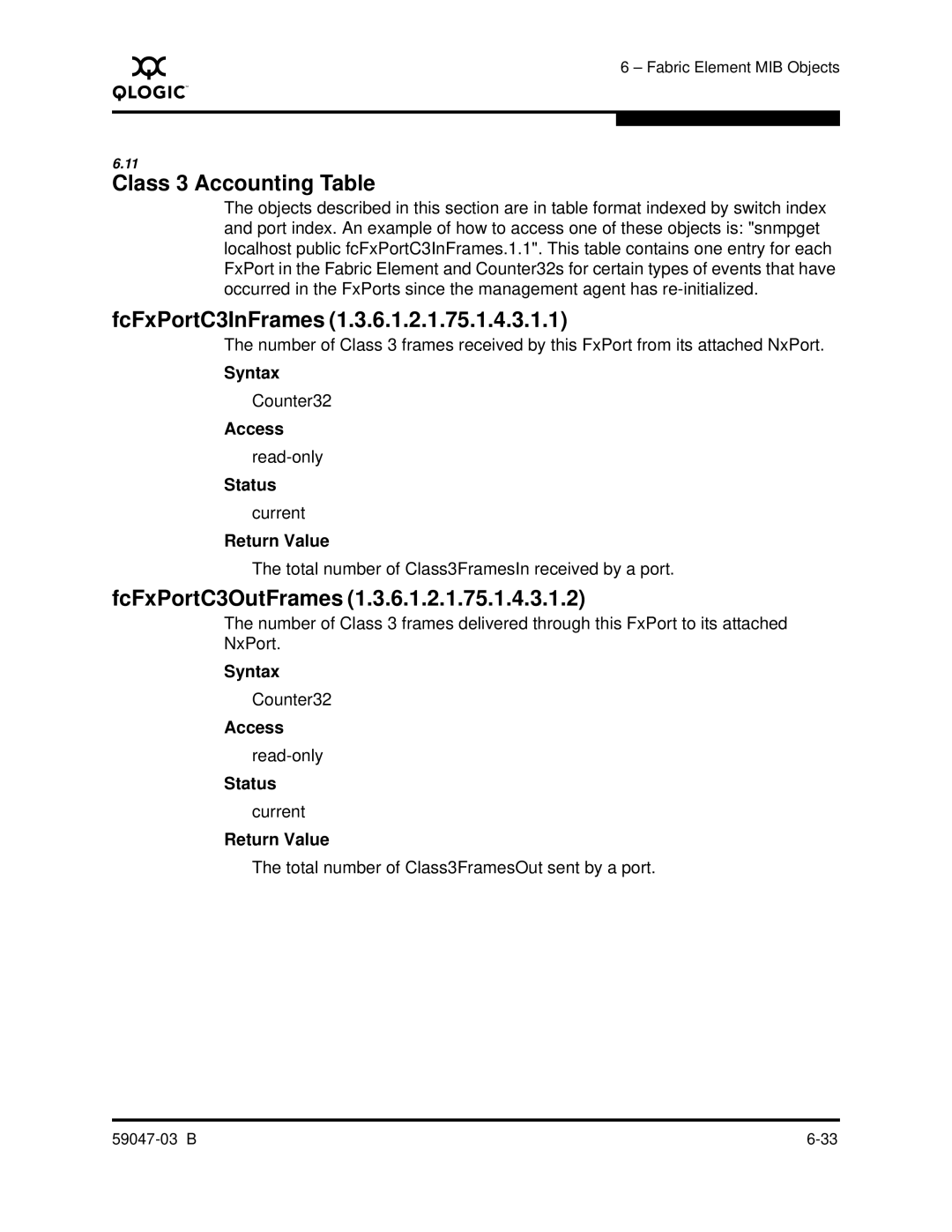 Q-Logic SANBOX2 manual Class 3 Accounting Table, FcFxPortC3InFrames, FcFxPortC3OutFrames 