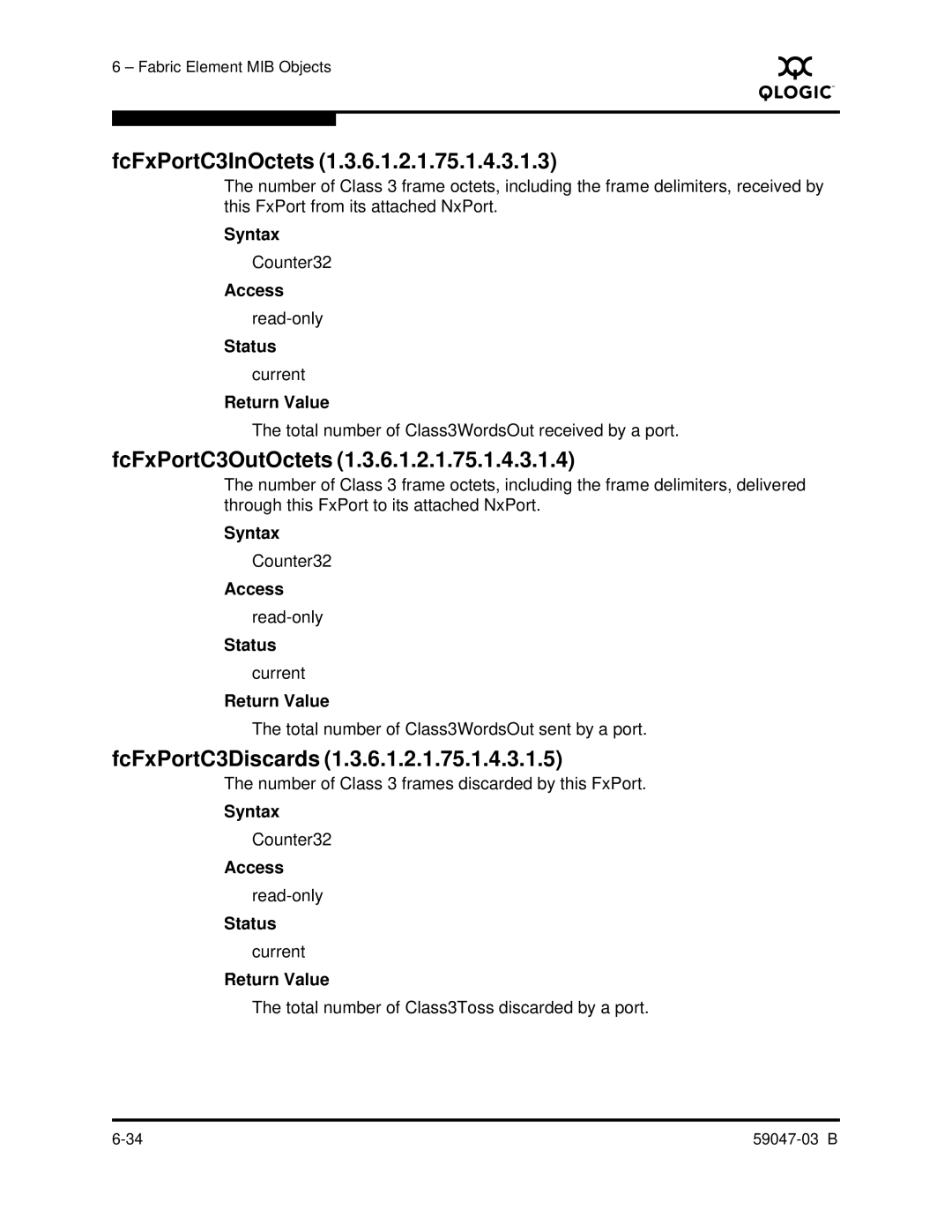 Q-Logic SANBOX2 manual FcFxPortC3InOctets, FcFxPortC3OutOctets, FcFxPortC3Discards 