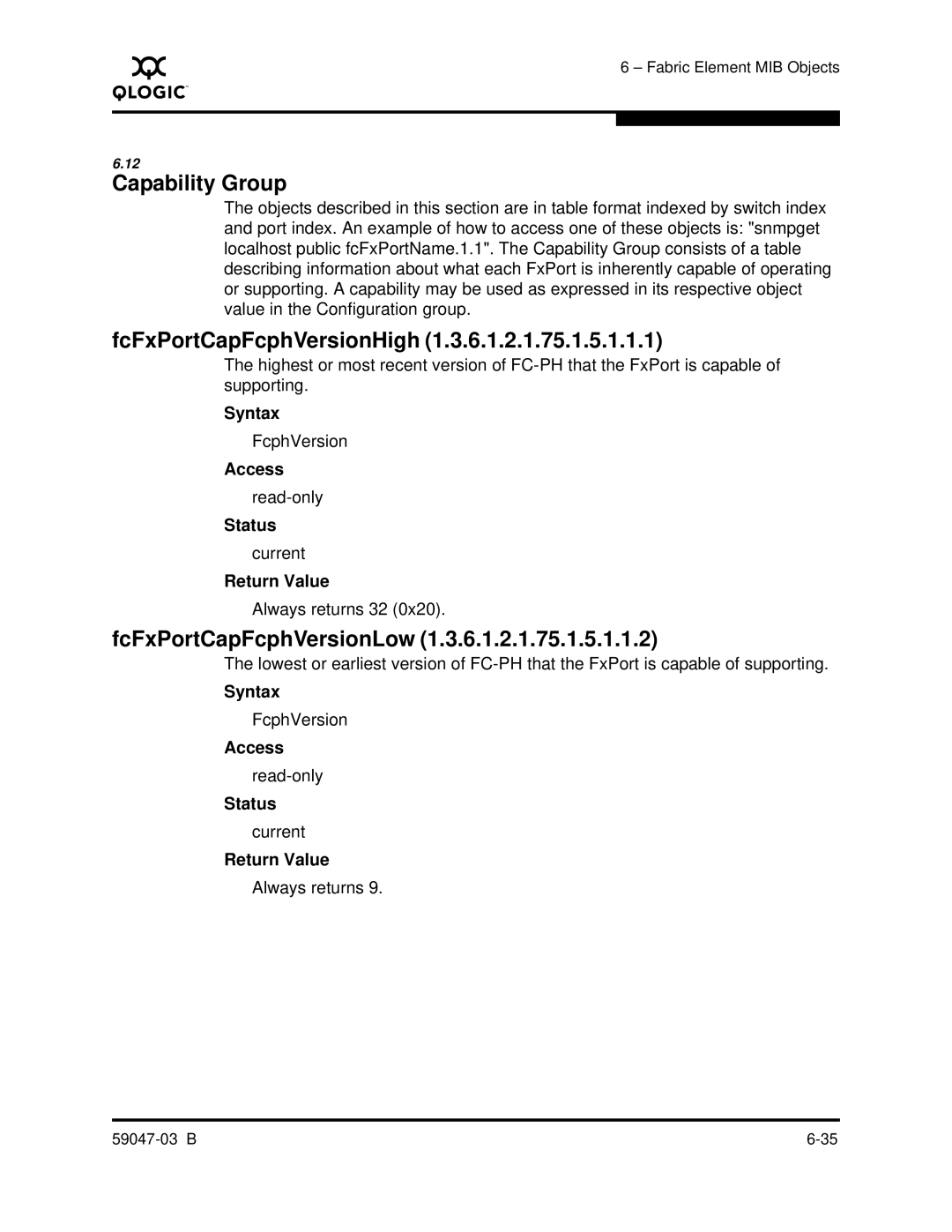 Q-Logic SANBOX2 manual Capability Group, FcFxPortCapFcphVersionHigh, FcFxPortCapFcphVersionLow 