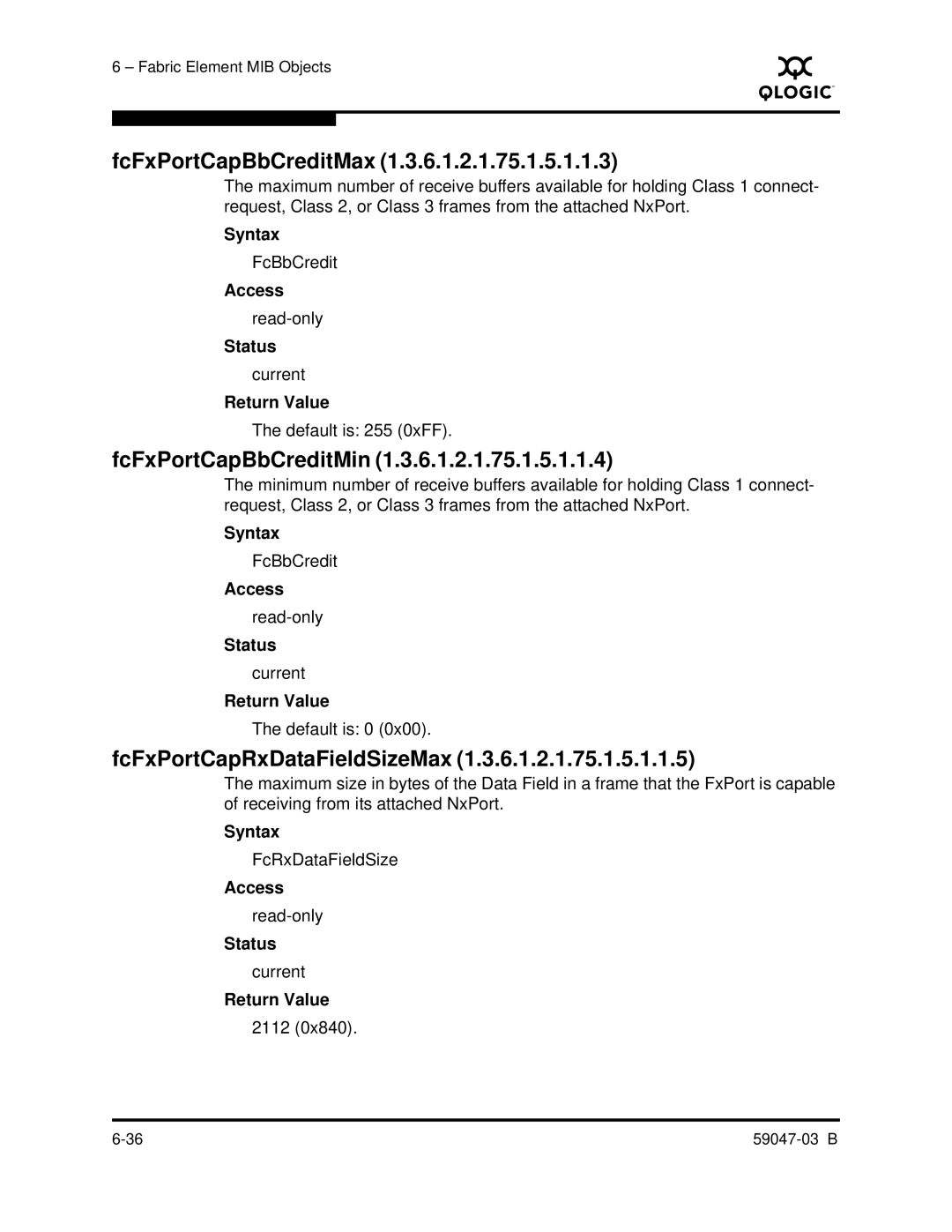 Q-Logic SANBOX2 manual FcFxPortCapBbCreditMax, FcFxPortCapBbCreditMin, FcFxPortCapRxDataFieldSizeMax 