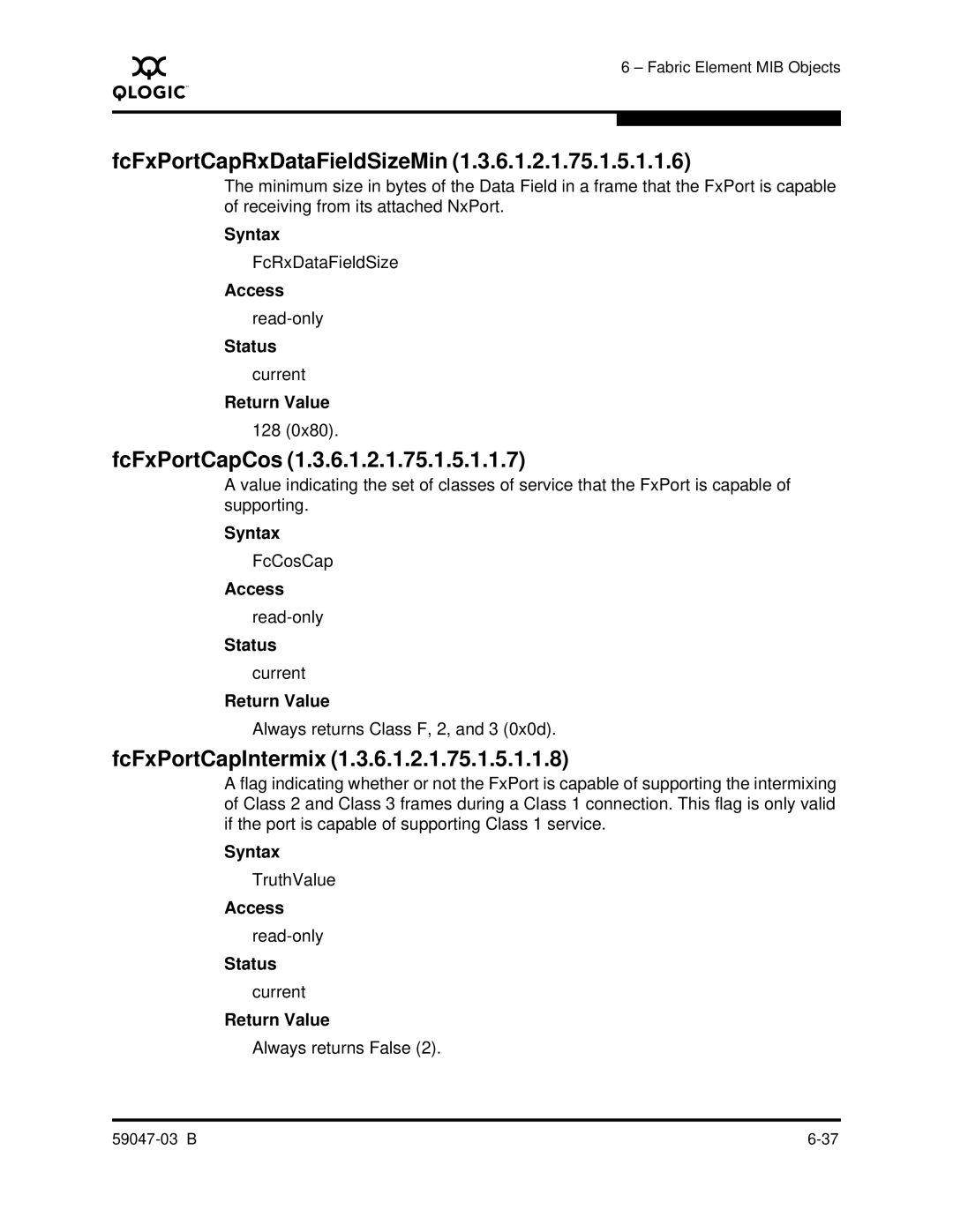 Q-Logic SANBOX2 manual FcFxPortCapRxDataFieldSizeMin, FcFxPortCapCos, FcFxPortCapIntermix 