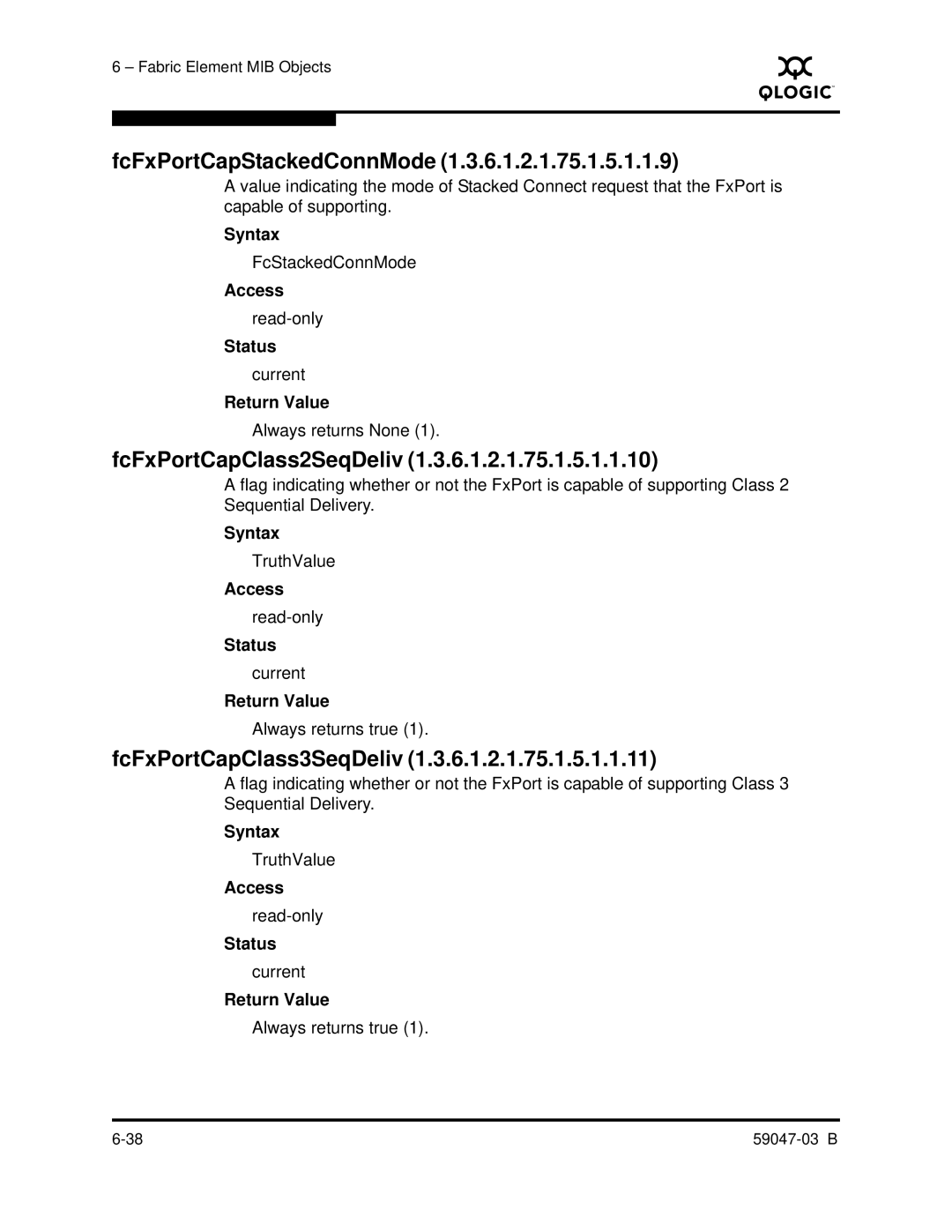 Q-Logic SANBOX2 manual FcFxPortCapStackedConnMode, FcFxPortCapClass2SeqDeliv, FcFxPortCapClass3SeqDeliv 