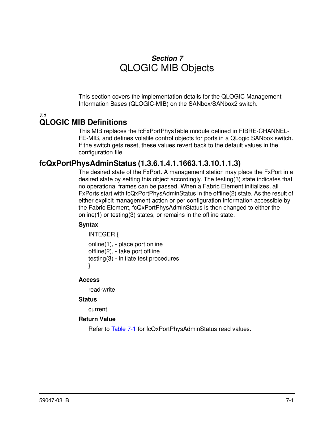 Q-Logic SANBOX2 manual Qlogic MIB Definitions, FcQxPortPhysAdminStatus 