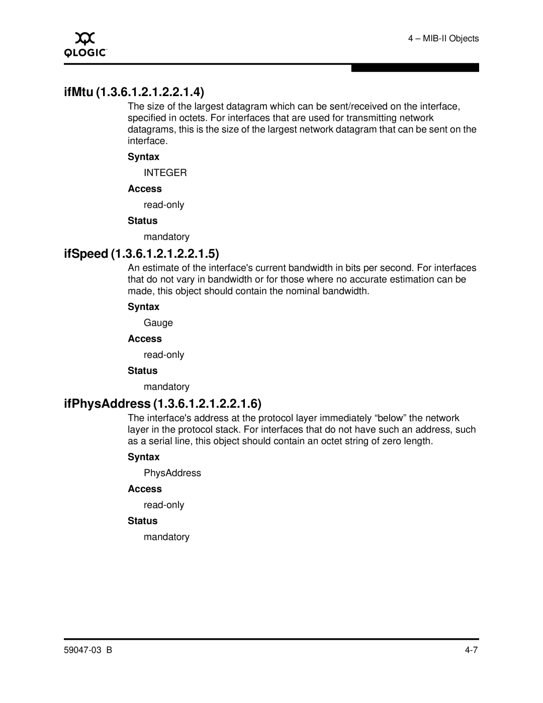 Q-Logic SANBOX2 manual IfMtu, IfSpeed, IfPhysAddress 