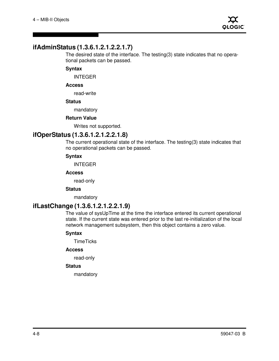 Q-Logic SANBOX2 manual IfAdminStatus, IfOperStatus, IfLastChange 