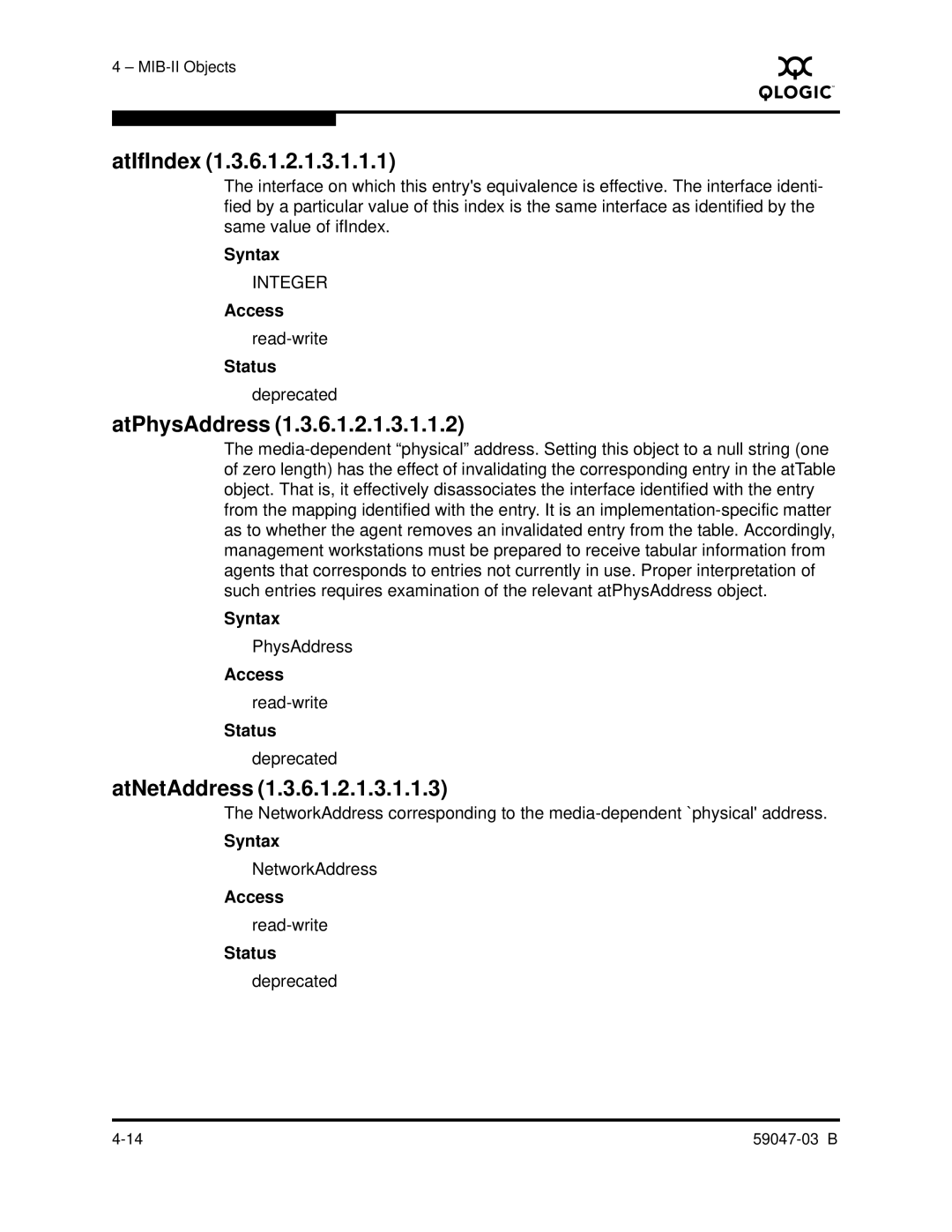 Q-Logic SANBOX2 manual AtIfIndex, AtPhysAddress, AtNetAddress 