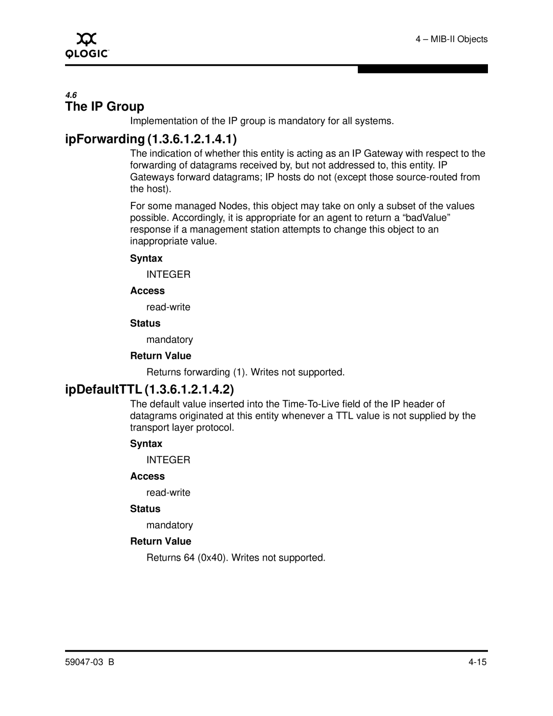 Q-Logic SANBOX2 manual IP Group, IpForwarding, IpDefaultTTL 