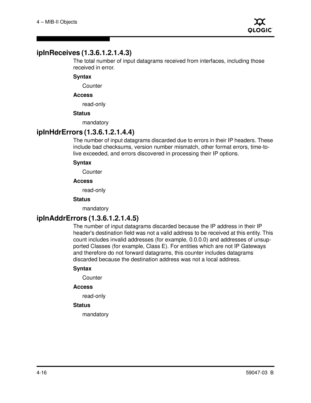 Q-Logic SANBOX2 manual IpInReceives, IpInHdrErrors, IpInAddrErrors 