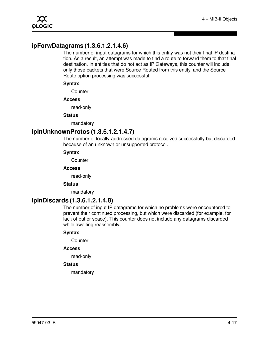 Q-Logic SANBOX2 manual IpForwDatagrams, IpInUnknownProtos, IpInDiscards 