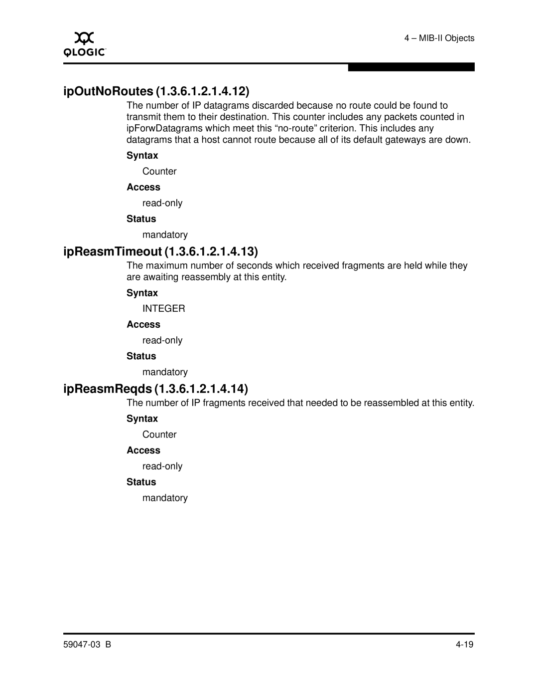 Q-Logic SANBOX2 manual IpOutNoRoutes, IpReasmTimeout, IpReasmReqds 