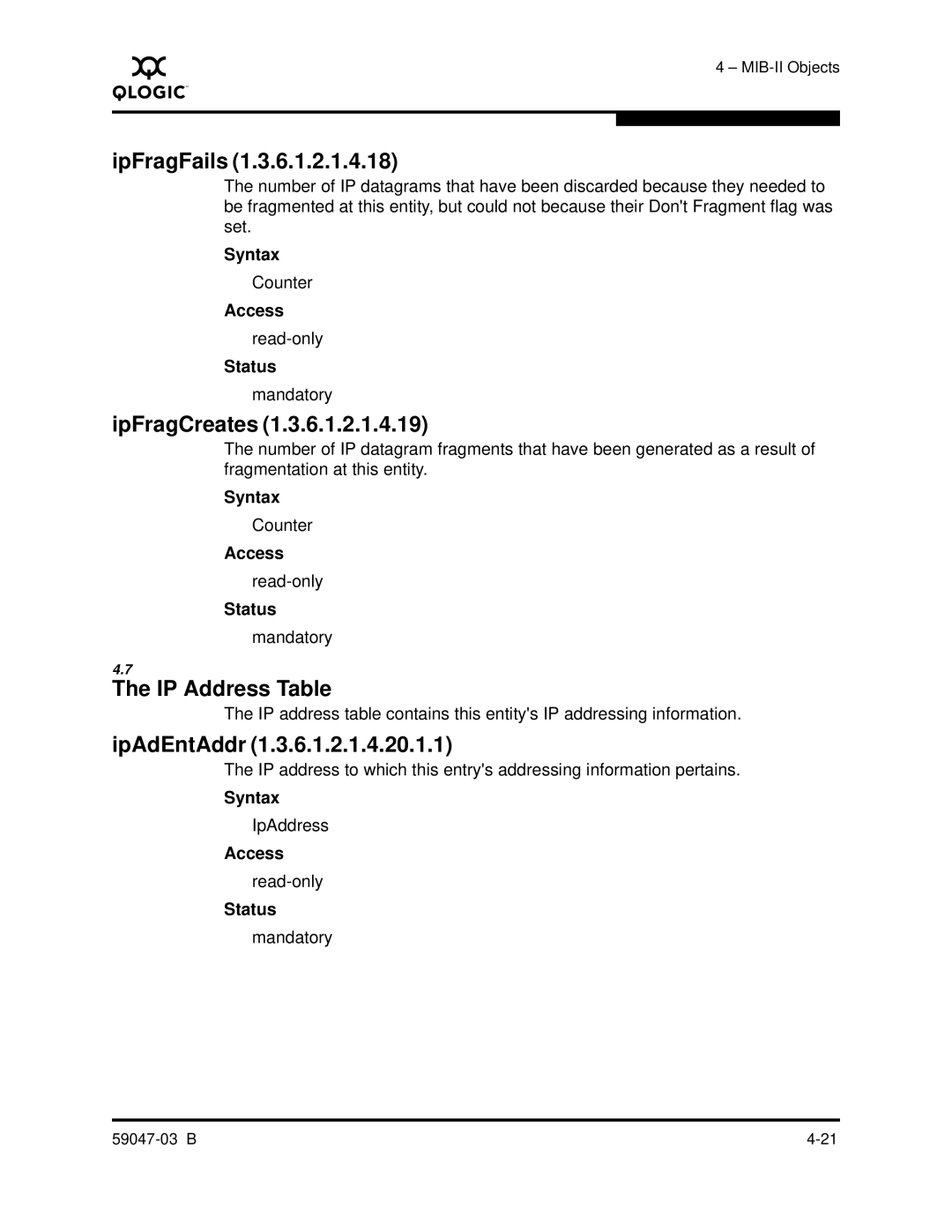 Q-Logic SANBOX2 manual IpFragFails, IpFragCreates, IP Address Table, IpAdEntAddr 