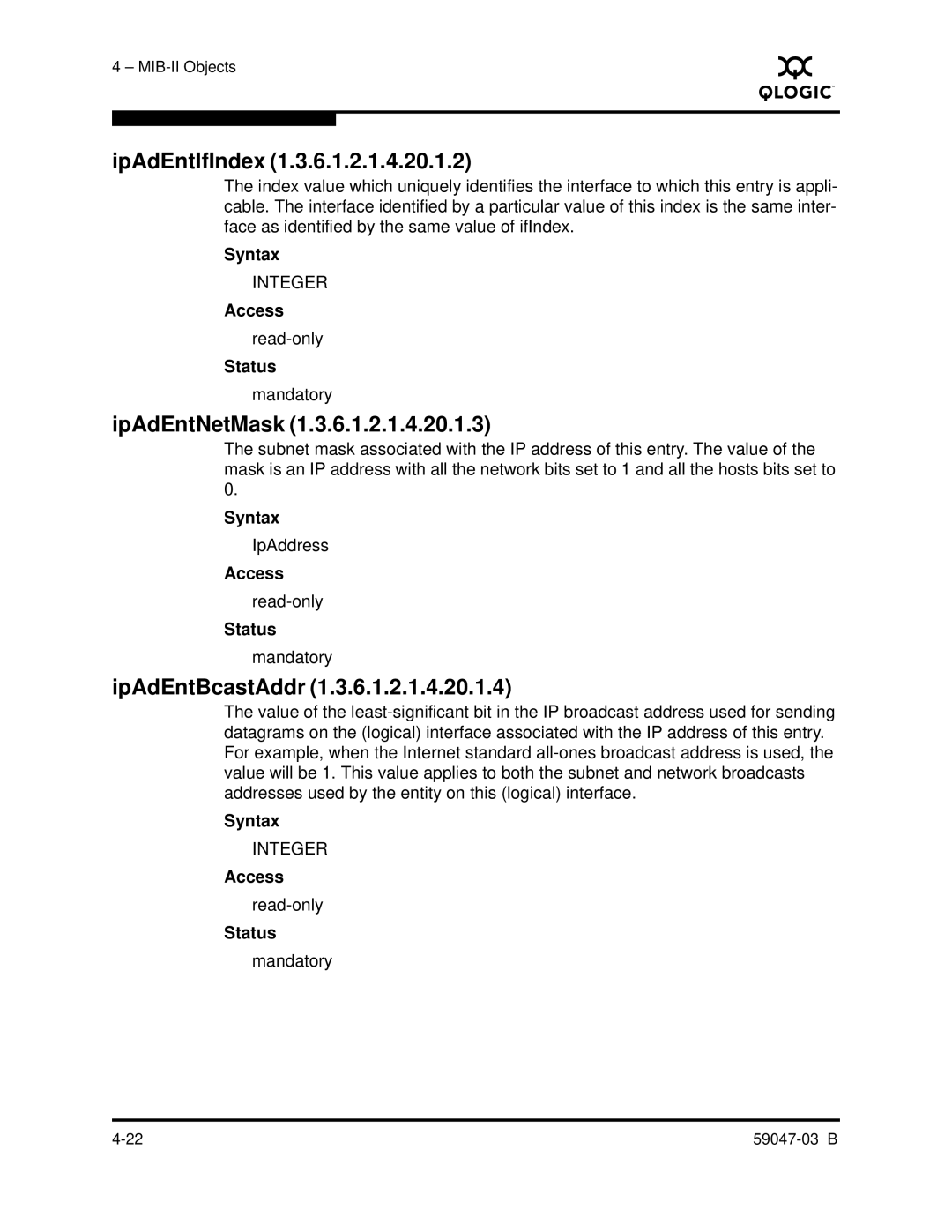 Q-Logic SANBOX2 manual IpAdEntIfIndex, IpAdEntNetMask, IpAdEntBcastAddr 