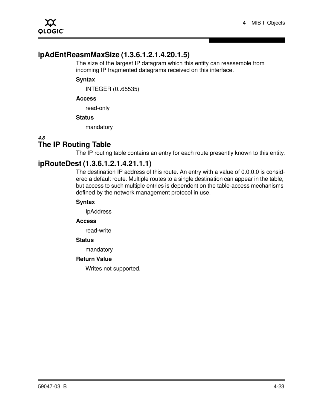 Q-Logic SANBOX2 manual IpAdEntReasmMaxSize, IP Routing Table, IpRouteDest 